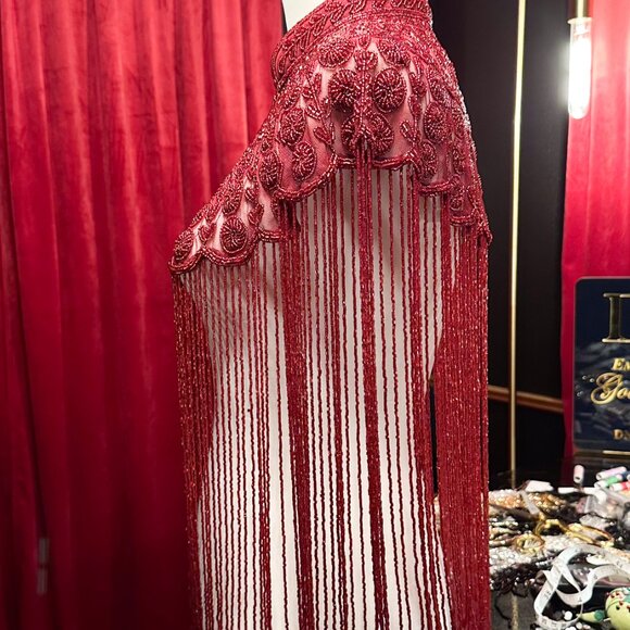 Red Fringe Cape, Rhinestone Beaded Shawl, Luxury Sequin Cape, Festival Outfit - Picture 6 of 13